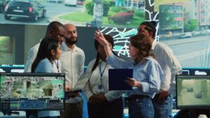 Diverse employees group discussing ways to speed up order delivery, looking for routes to avoid traffic on satellite navigation. Agency operators use CCTV footage in monitoring room. Camera A.